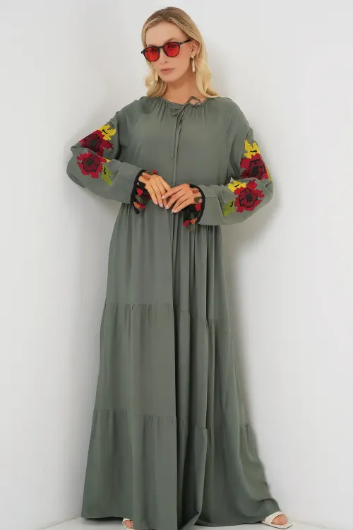 Nakışlı Uzun Elbise 2534 - Haki