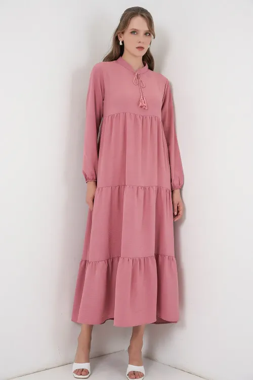 T1627 Yaka Bağcıklı Elbise - Gül Kurusu