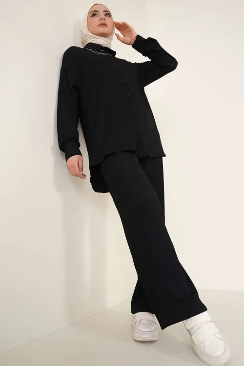 T5858 Örme Tesettür İkili Takım - Siyah