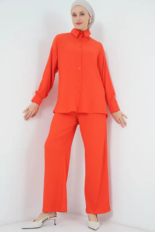 T5858 Örme Tesettür İkili Takım - Turuncu