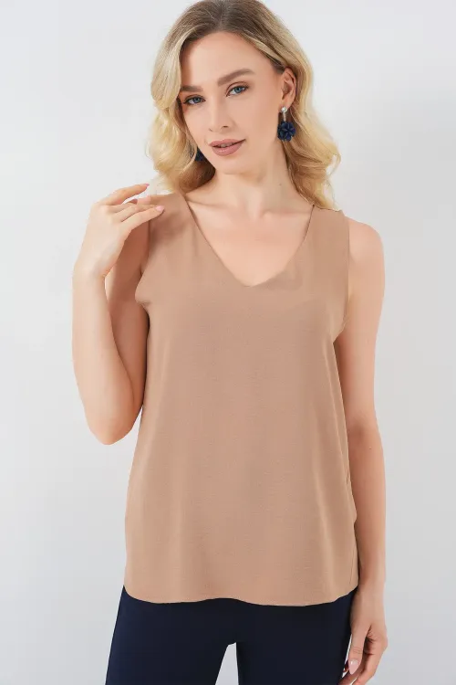 V Yaka Sıfır Kol Bluz 950 - Bisküvi