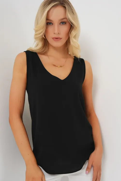 V Yaka Sıfır Kol Bluz 950 - Siyah