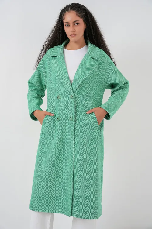 Yeşil Oversize Geniş Kesim Yünlü Uzun Kaşe Kaban 9113