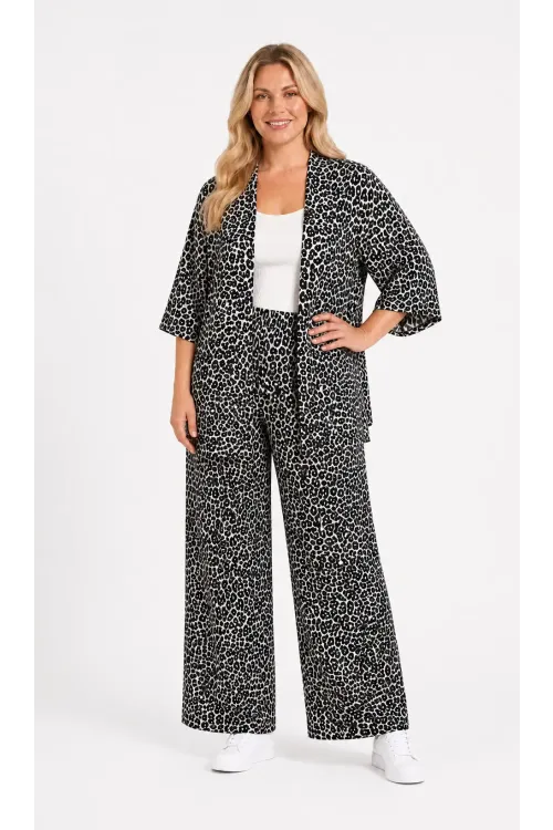 Kadın Büyük Beden Leopar Desenli Bej Kimono Takım HZL26S-PR10181