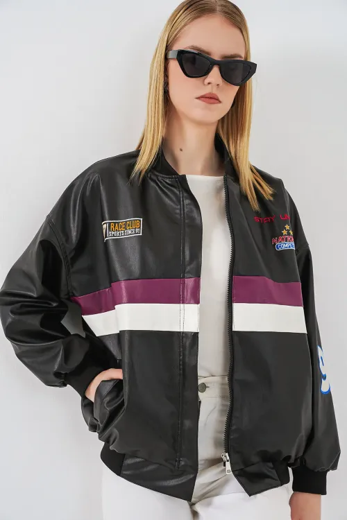 0698 Baskılı Suni Deri Bomber Ceket - Bordo