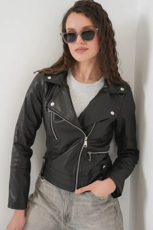 1025 Suni Deri Biker Ceket - Siyah
