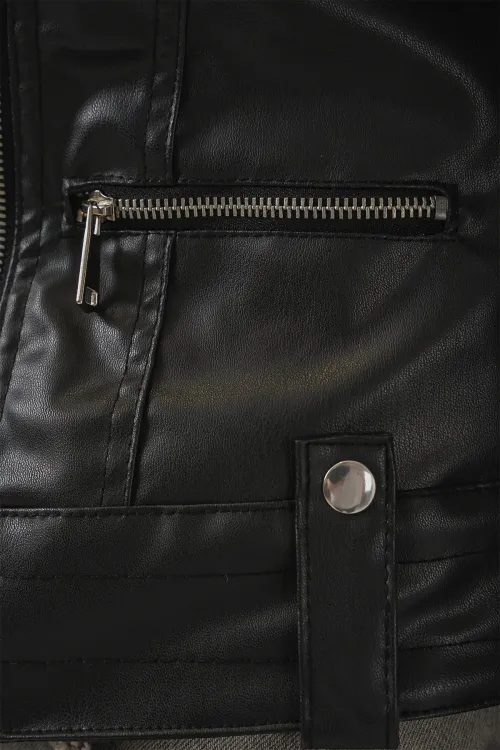 1025 Suni Deri Biker Ceket - Siyah