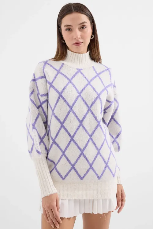 15889 Balıkçı Yaka Oversize Triko Kazak - Lila