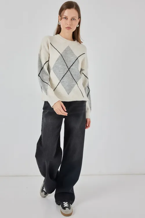 15895 Baklava Desenli Oversize Triko Kazak - M. Krem