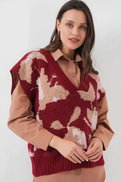 15923 Kadın Oversize Triko Süveter - Bordo