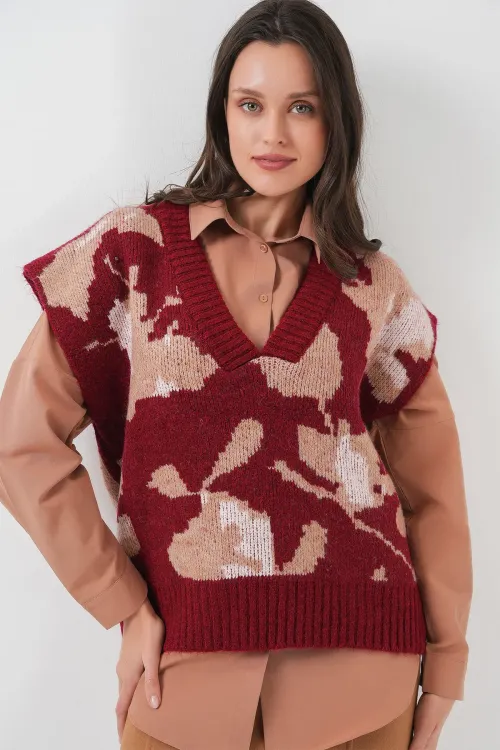 15923 Kadın Oversize Triko Süveter - Bordo