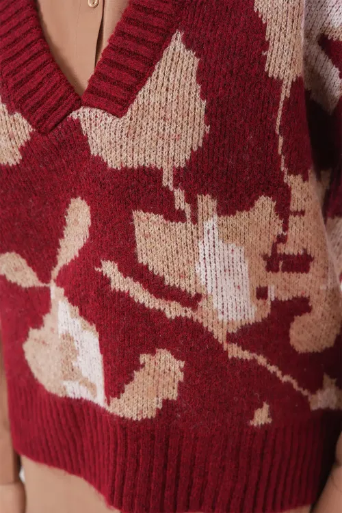 15923 Kadın Oversize Triko Süveter - Bordo