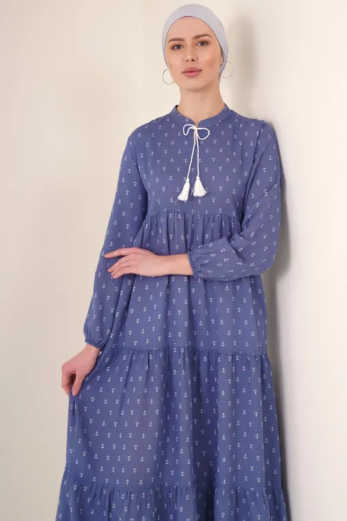 1627 Yaka Bağcıklı Tesettür Elbise - Mavi