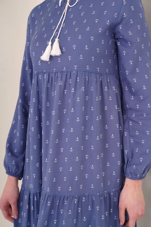 1627 Yaka Bağcıklı Tesettür Elbise - Mavi