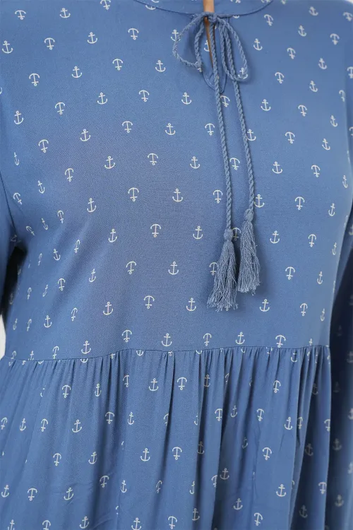 1627 Yaka Bağcıklı Tesettür Elbise - Mavi