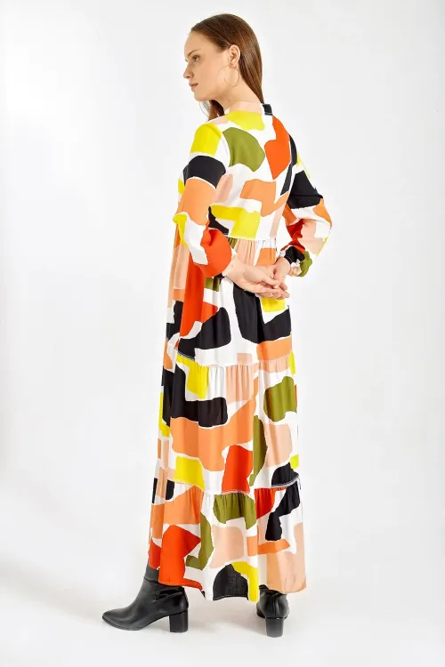 1627 Yaka Bağcıklı Tesettür Elbise - Safran