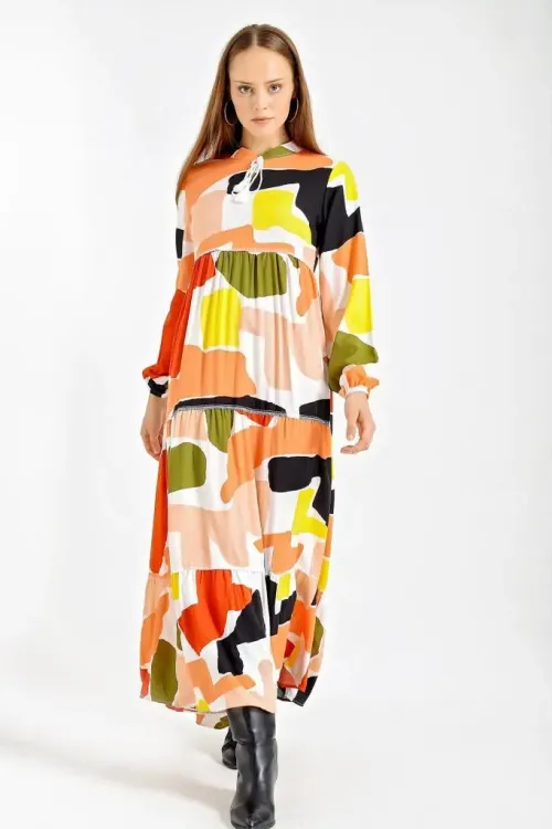 1627 Yaka Bağcıklı Tesettür Elbise - Safran