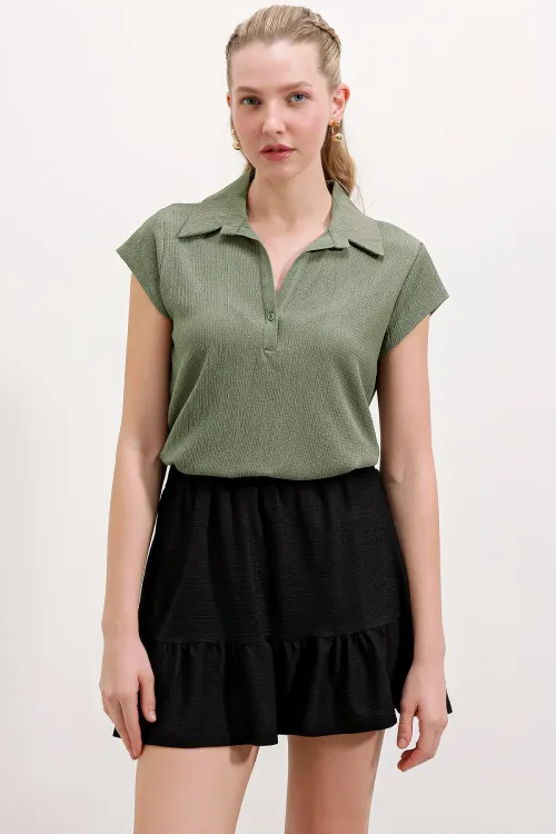 20123 Polo Yaka Örme Bluz - Haki