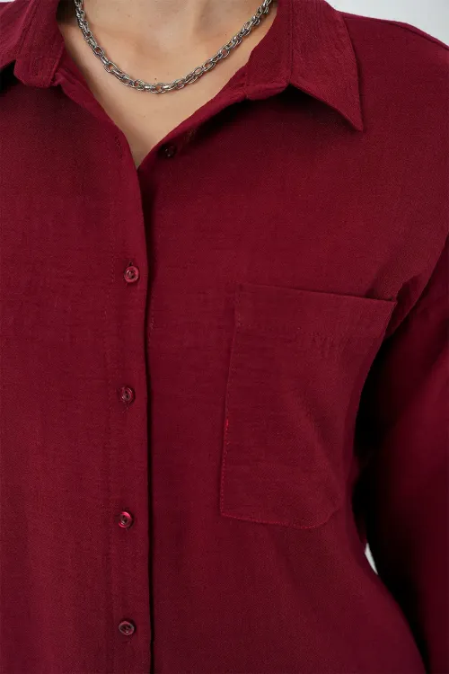 20153 Tek Cepli Oversize Keten Gömlek - Bordo