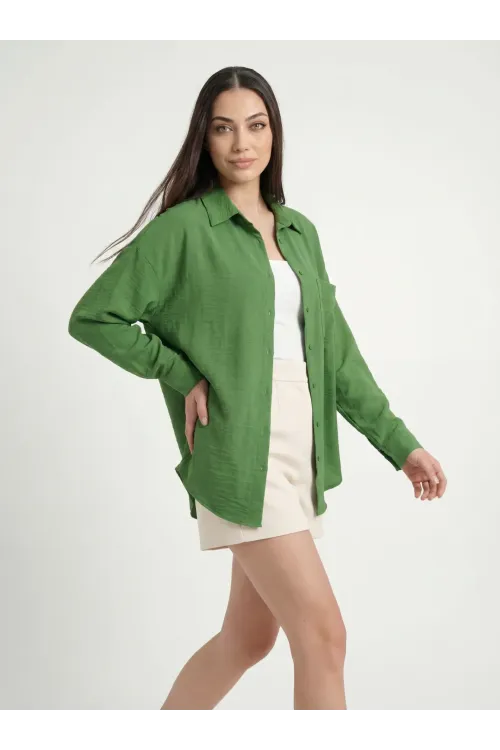 20153 Tek Cepli Oversize Keten Gömlek - G.Yeşil