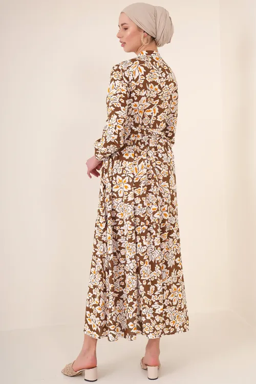 2144 Hakim Yaka Tesettür Elbise - Kahverengi