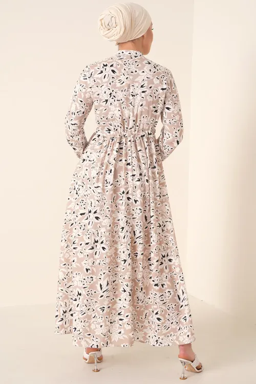 2144 Hakim Yaka Tesettür Elbise - Krem