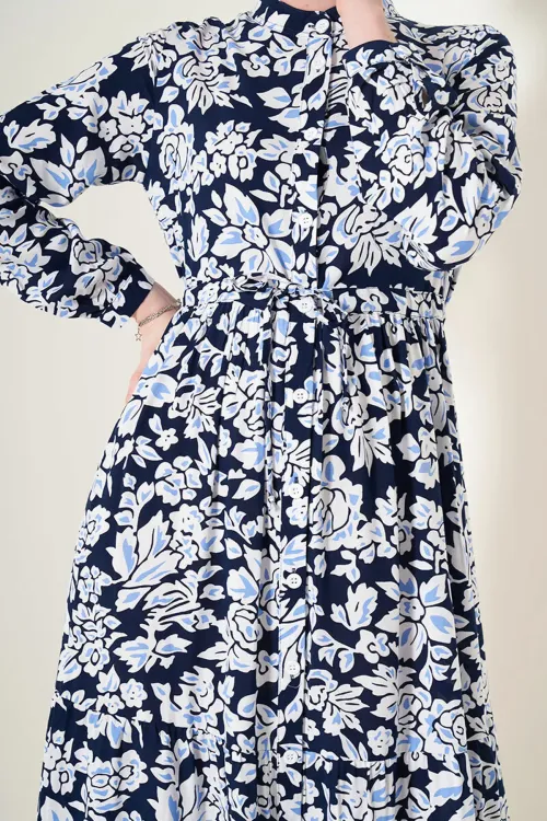 2144 Hakim Yaka Tesettür Elbise - Lacivert