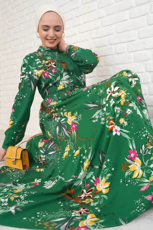 2144 Hakim Yaka Tesettür Elbise - Zümrüt Yeşili