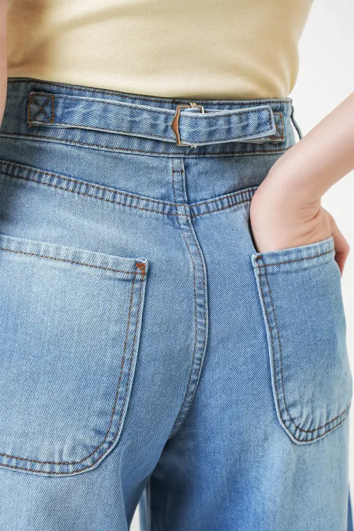 6689 Kadın Yüksek Bel Baggy Kot Pantolon - Açık Mavi