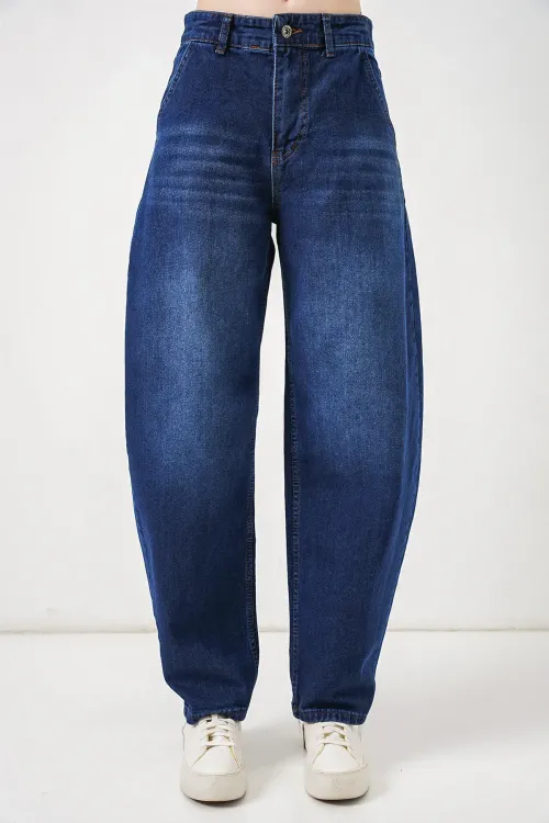 6689 Kadın Yüksek Bel Baggy Kot Pantolon - Lacivert