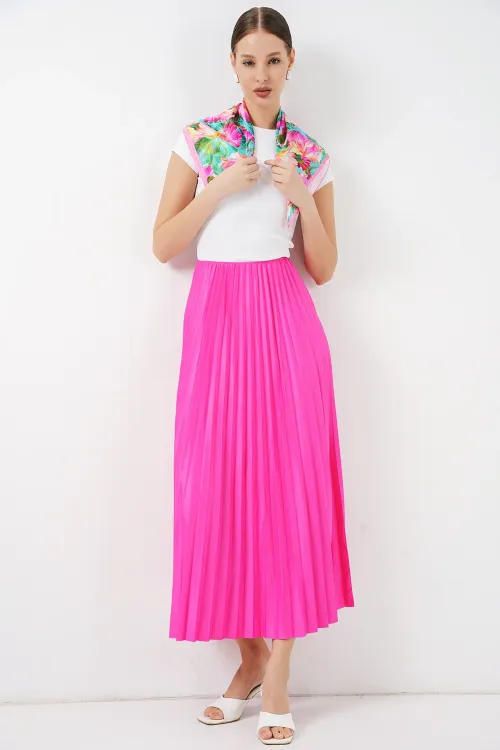 8009 Deri Görünümlü Piliseli Etek - Fuşya