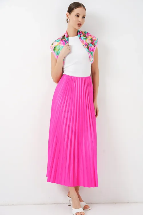 8009 Deri Görünümlü Piliseli Etek - Fuşya