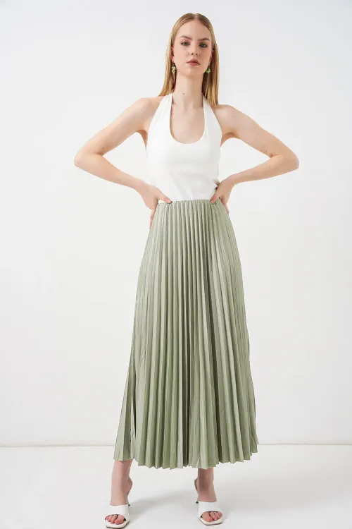 8009 Deri Görünümlü Piliseli Etek - Mint