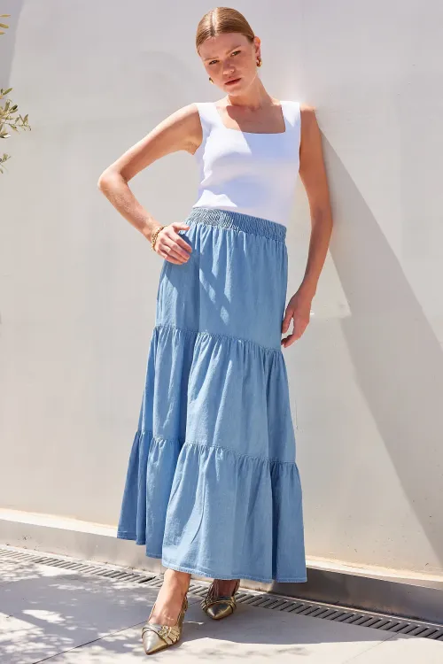 8022 Volanlı Uzun Kot Etek - Mavi