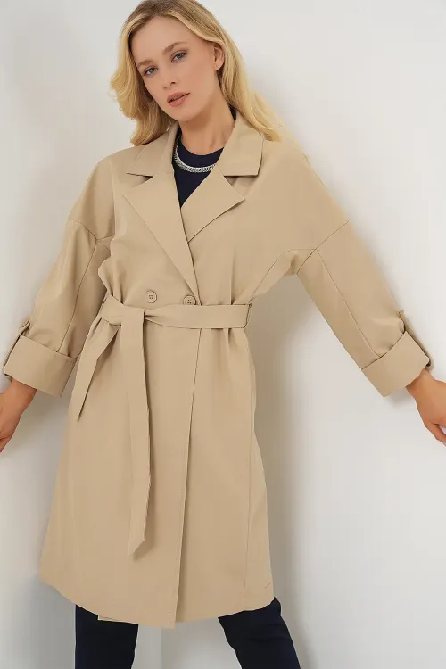 9104 Kruvaze Yaka Astarlı Trençkot - Bej