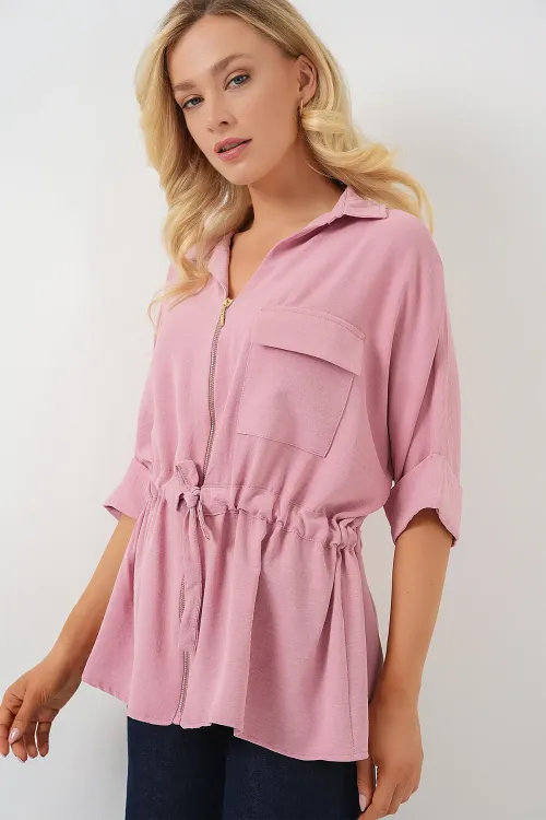 Fermuarlı Kadın Gömlek 0721 - Pudra