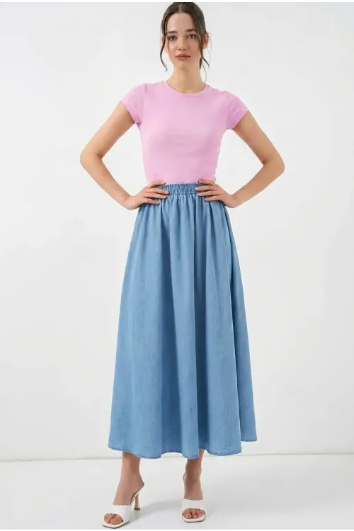 Kadın Açık Mavi Beli Lastikli Uzun Kot Etek HZL26W-BD180621