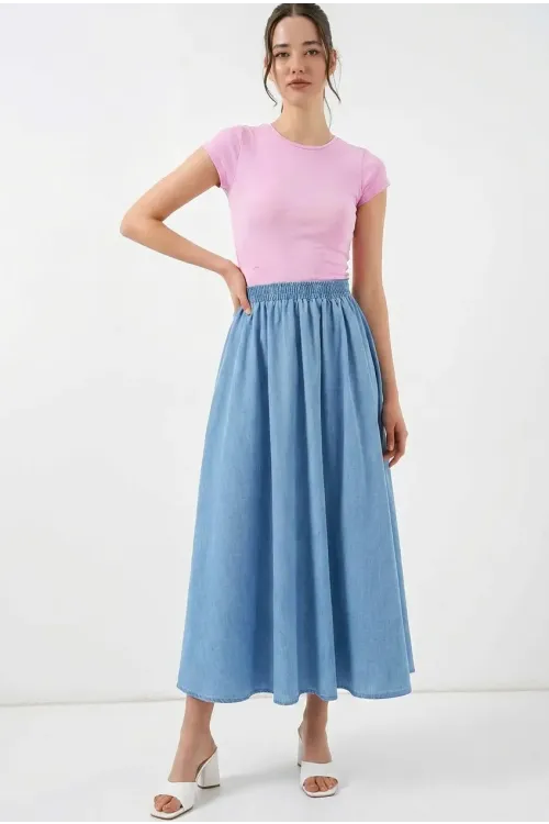 Kadın Açık Mavi Beli Lastikli Uzun Kot Etek HZL26W-BD180621