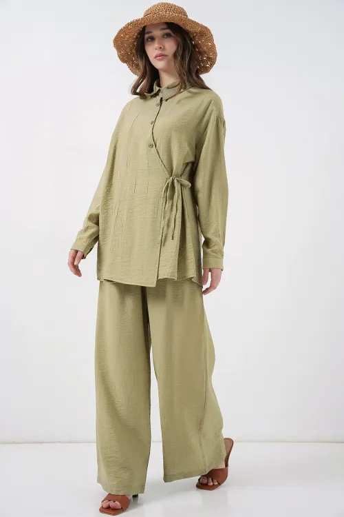 Kadın Bağcıklı Tunik Pantolon İkili Takım 6752 - E.Yeşil