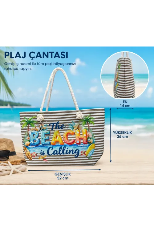Kadın Beach Is Calling Baskılı Büyük Boy Plaj Çantası HZL26S-TT01