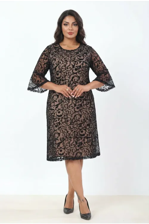 Kadın Bej Büyük Beden İspanyol Kol Astarlı Transparan Dantel Şık Abiye Elbise HZL26S-PR11151