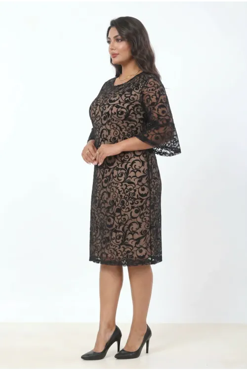 Kadın Bej Büyük Beden İspanyol Kol Astarlı Transparan Dantel Şık Abiye Elbise HZL26S-PR11151