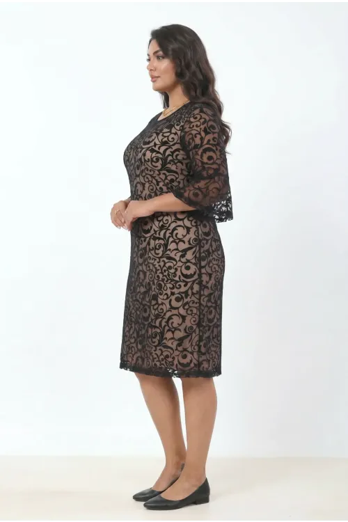 Kadın Bej Büyük Beden İspanyol Kol Astarlı Transparan Dantel Şık Abiye Elbise HZL26S-PR11151