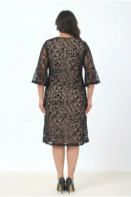 Kadın Bej Büyük Beden İspanyol Kol Astarlı Transparan Dantel Şık Abiye Elbise HZL26S-PR11151