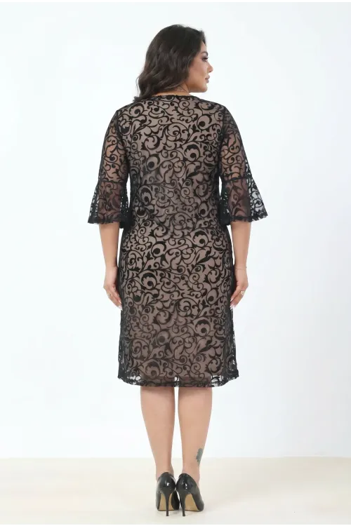 Kadın Bej Büyük Beden İspanyol Kol Astarlı Transparan Dantel Şık Abiye Elbise HZL26S-PR11151