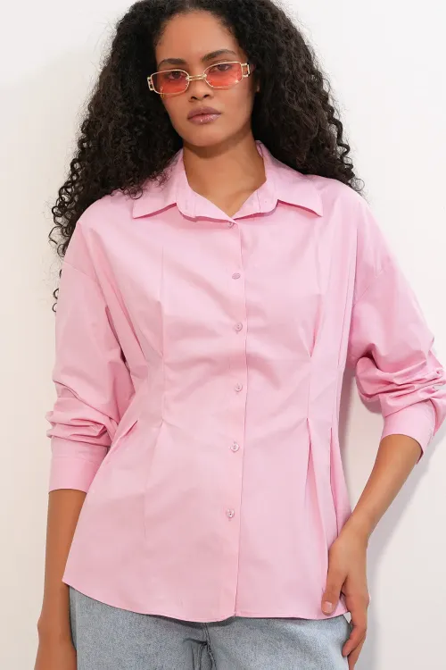 Kadın Belden Oturtmalı Poplin Gömlek 20384 - Pembe