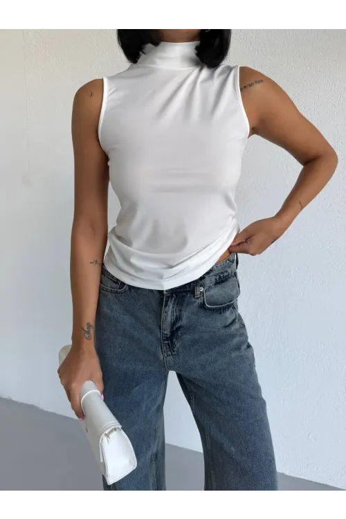 Kadın Beyaz Balıkçı Yaka Sıfır Kol Sandy Crop Bluz HZL26S-FRY123931