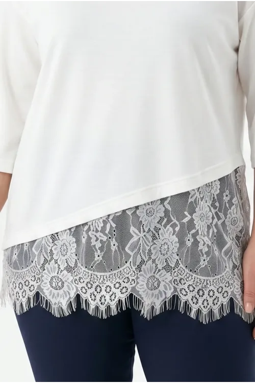 Kadın Beyaz Büyük Beden Bisiklet Yaka Tül Detaylı Yarım Kol T-Shirt HZL26S-ZSS19521