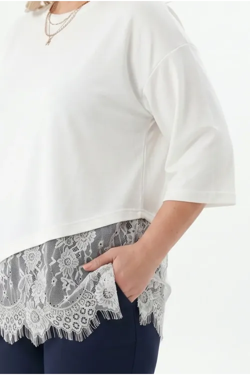 Kadın Beyaz Büyük Beden Bisiklet Yaka Tül Detaylı Yarım Kol T-Shirt HZL26S-ZSS19521