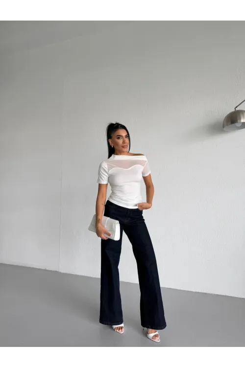 Kadın Beyaz Tek Omuz Transparan Tül Detaylı Şık Sandy Bluz HZL26S-FRY123871